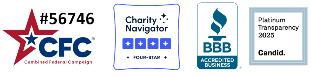 Badges showing that VoteRiders is part of the Combined Federal Campaign (#56746), is rated 4 stars by Charity Navigator, is a BBB Accredited Business, and has a Platinum Transparency rating from Candid.